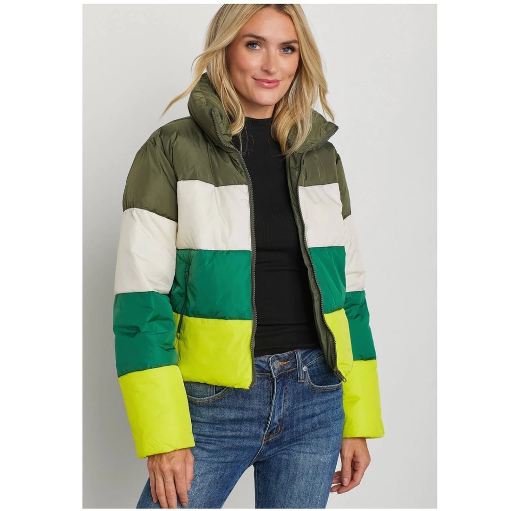 Steve Madden Puffer Jacket XS Green Yellow Colorblock Zip Up Streetwear Trendy